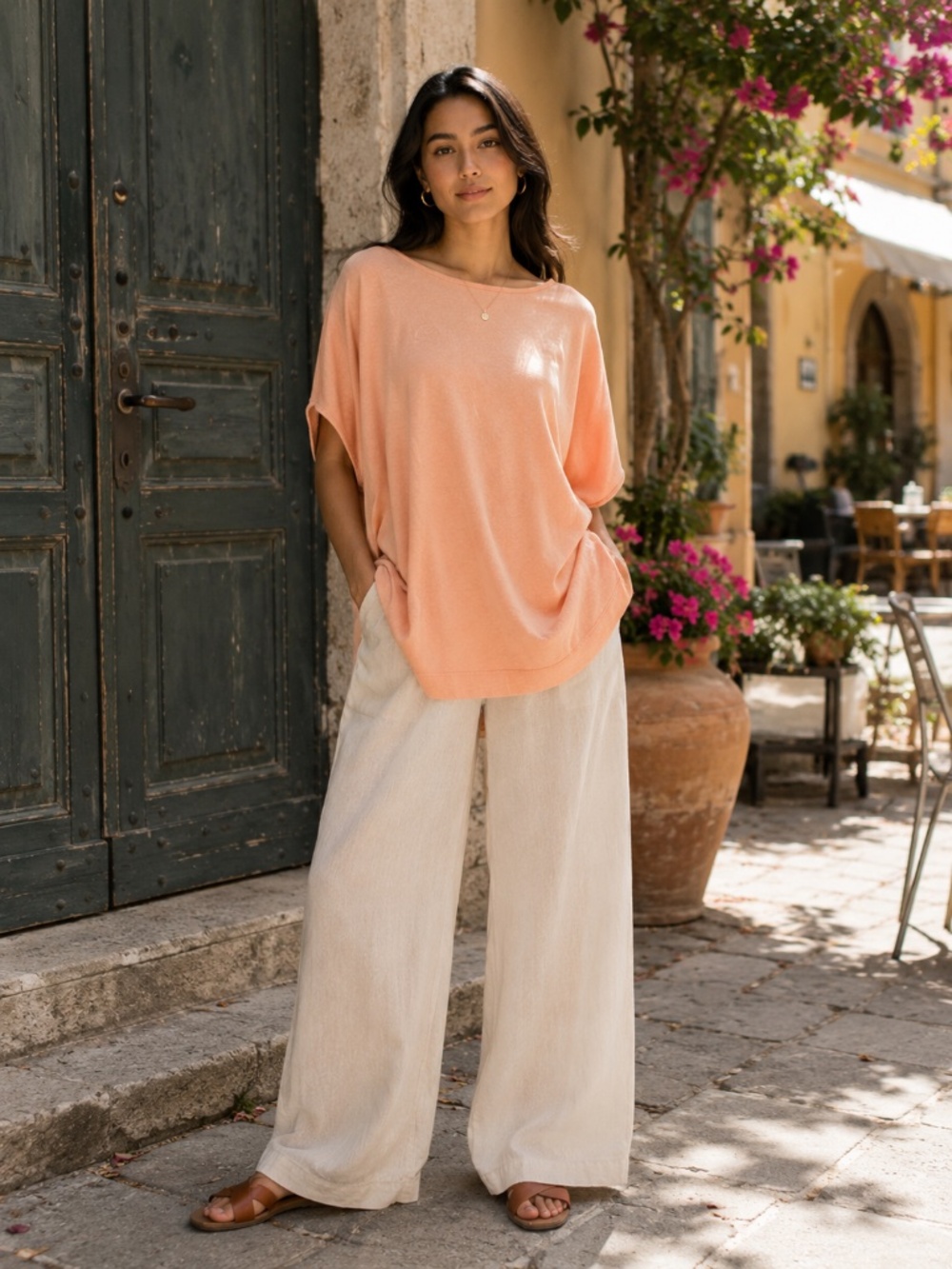 Pier Antonio Gaspari Peach Oversized Boat Neck Tee Minimalist Boxy Tunic